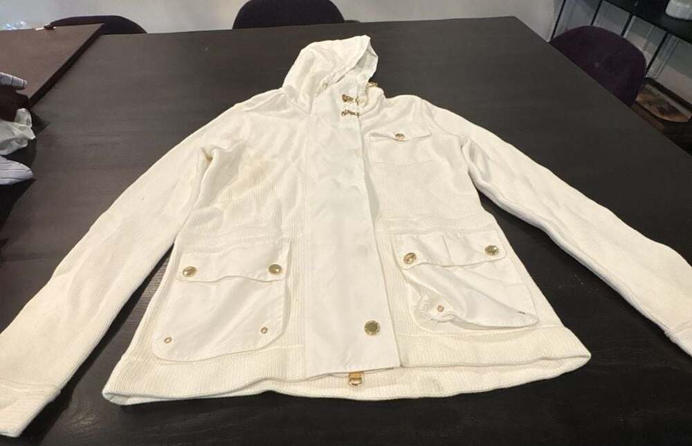 Vintage Ralph Lauren White Hooded Utility knit Jacket with Gold Hardware